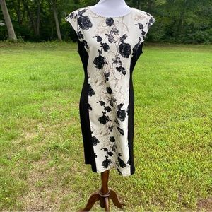 MAXMARA WEEKEND DRESS MIDI SHEATH BLACK CREAM TAN FLORAL SLEEVELESS SIZE L